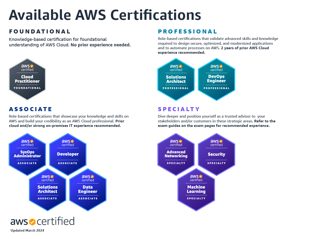 10 AWS Certification badges for Foundational, Associate, Professional and Specialty AWS Certifications
